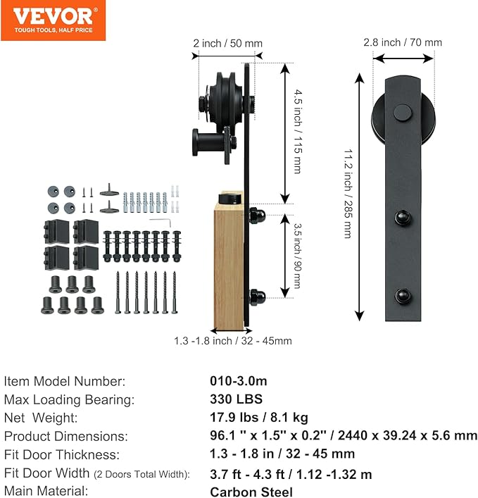 VEVOR 8FT Double Door Sliding Hardware Set, Supports up to 330LBS, Compatible with 3.7-4.3FT Width & 1.3"-1.8" Thickness Door Panels, Includes Quiet I-Shaped Rollers