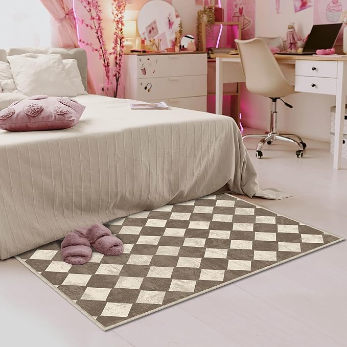 Checkered Washable Geometry Brown Area Rugs 3x5 Modern Neutral Non Slip Low Pile Indoor Floor Small Carpet for Living Room Bedroom Dinning Room Kitchen