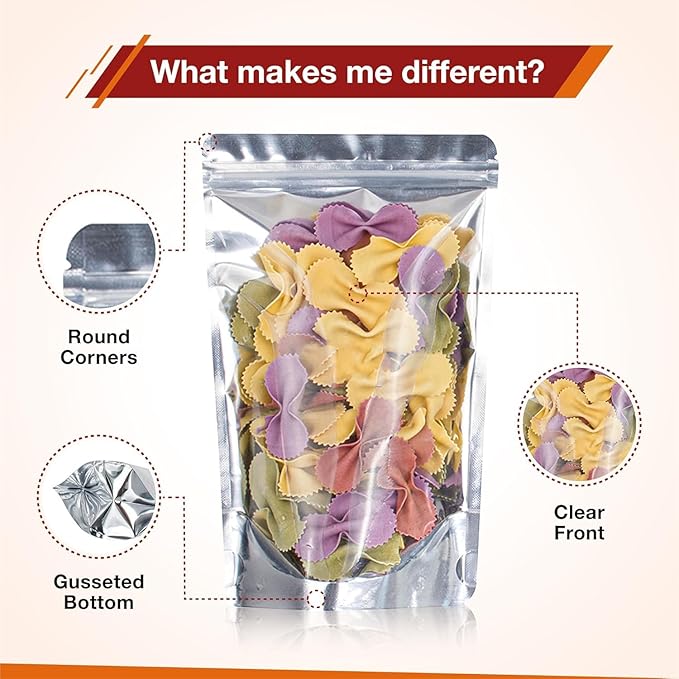 BELLE KR® Pint 5x8 Mylar Bags for Food Storage - Pack Of 200-7.5mil Thickness - Stand Up Clear Mylar Bags with See Through Window - Resealable