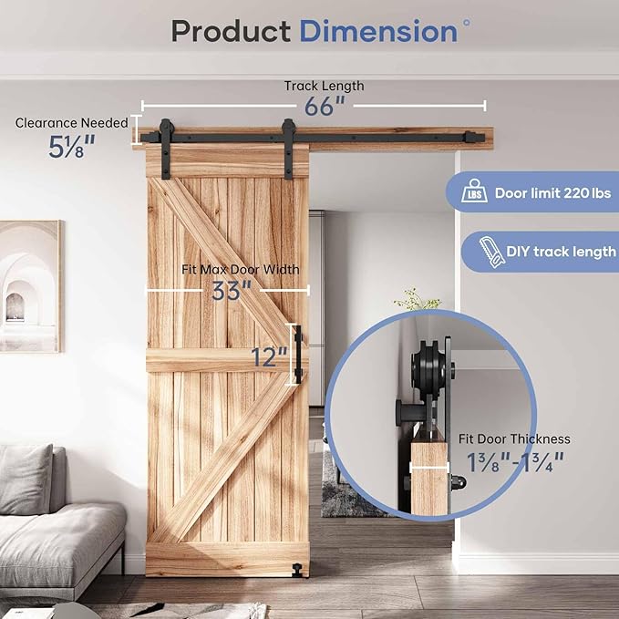 EaseLife 5.5 FT Sliding Barn Door Track and Handle Hardware Kit, Straight Pulley,Slide Smoothly Quietly,Easy Install (5.5FT Track Kit for 30"~33" Wide Single Door)
