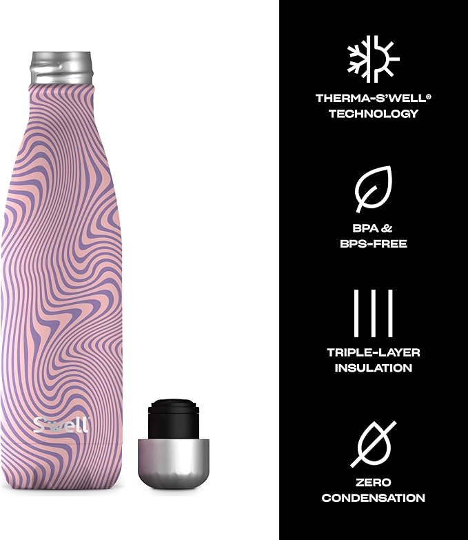 S'well Stainless Steel Water Bottle, 17oz, Lavender Swirl, Triple Layered Vacuum Insulated Containers Keeps Drinks Cold for 36 Hours and Hot for 18, BPA Free, Perfect for On the Go
