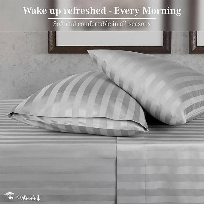 URBANHUT 1000 Thread Count Egyptian Cotton Sheets Damask Striped Queen Size, Breathable Long Staple, 4 Pc Bed Sheet Sets, Luxury Hotel Sateen Sheets Fits 16" Deep Pocket - Silver Grey