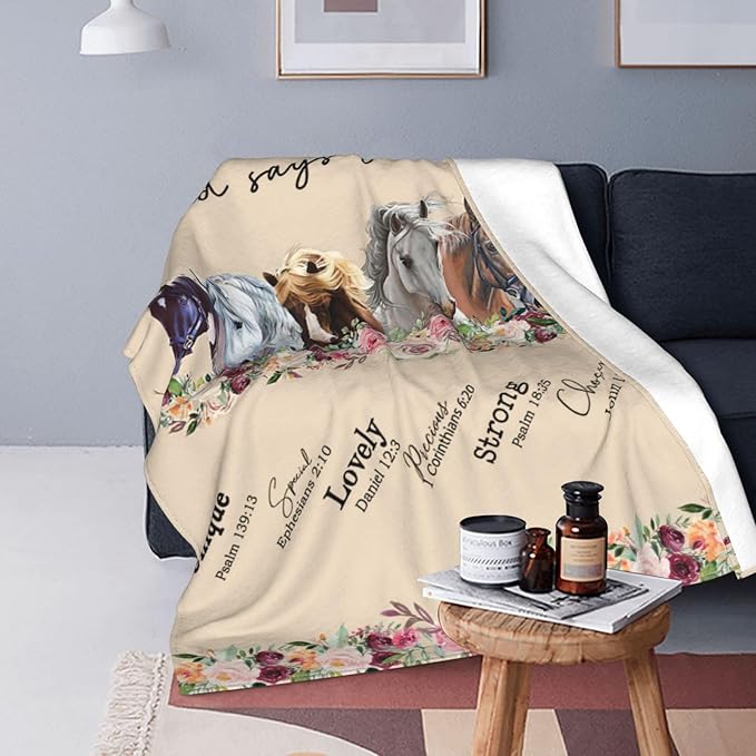 God Says You Are Horse Decor Throw Blanket - Super Warm Soft Plush Lightweight Fleece Flannel Bible Verse Blanket - Horse Gifts for Women, Girls, Boys, Men, Kids - Winter Couch Bedding - 40"X50"