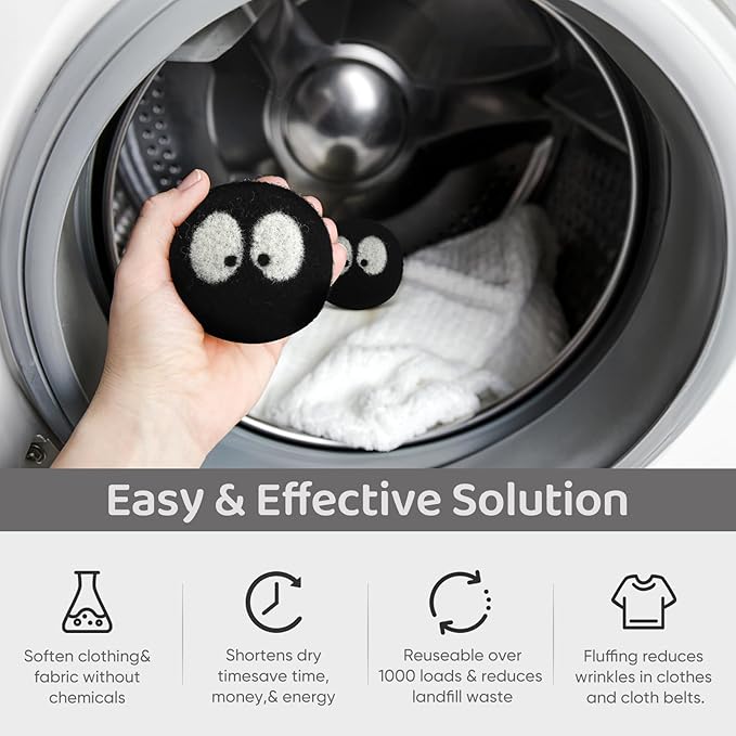 Wool Dryer Balls 6 Pack, Natural Fabric Softener, Dryer Balls Laundry Reusable, Reduces Clothing Wrinkles and Saves Drying Time (Black)