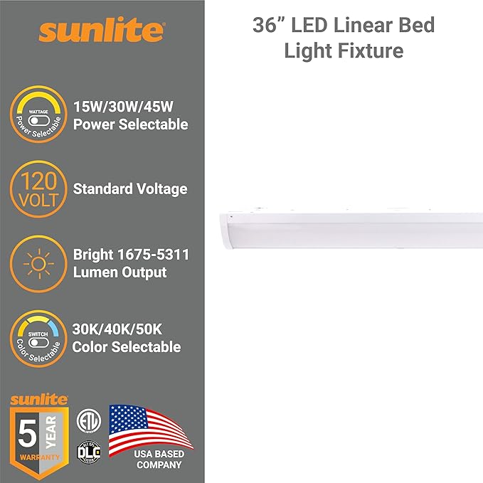 Sunlite 36-Inch LED Linear Bed Light Fixture, 15W/30W/45W, Color Selectable 30K/40K/50K, 1675-5311 Lumens, Dimmable, DLC & ETL Listed, 120V, 3-Way Switching (Up/Down), 116 Degree Beam Angle, 4 Pack