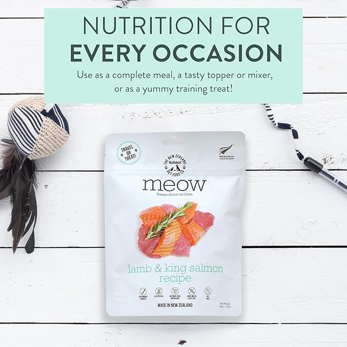 The New Zealand Natural Pet Food Co Meow Freeze Dried Cat Food - Lamb & King Salmon Recipe,High Protein Treats,Meals & Toppers,Dry Food,1.76oz