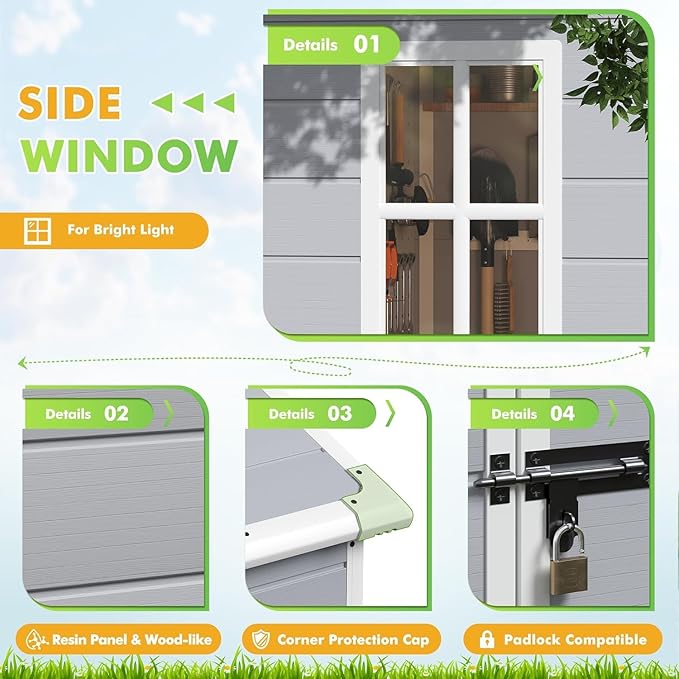 Devoko 6x4FT Outdoor Storage Shed with Lockable Door, Waterproof Plastic Resin Garden Shed Tool with Floor for Backyard, Patio, Lawn, Pool Supplies (Grey)