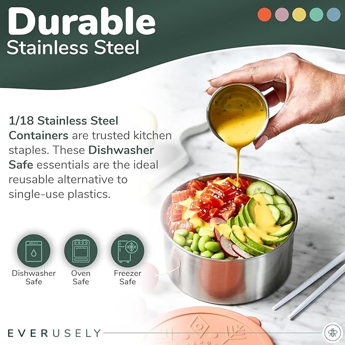 Everusely - Stainless Steel Containers with Lids - Set of 5, Bright Collection - Leakproof Stainless Steel Food Containers - Nesting Snack Holders - Metal Lunch Box - Portable & Reusable Meal Kit