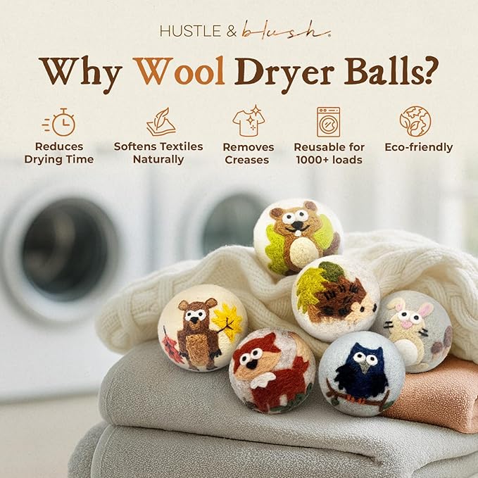 Hustle & Blush Fluff Ewes Wool Dryer Balls 6 Pack - XL Hedgehog and Homies Premium New Zealand Laundry Set, Reduces Drying Time, Static Control, Chemical Free, Ideal Holiday Gifts for Women & Men