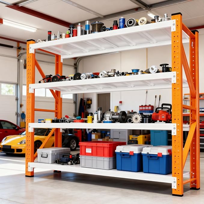 4-Tier Storage Shelves,79" H Heavy-Duty Garage Shelving Unit,Adjustable Metal Industrial Shelf System,3,500lbs Capacity,Tool Organizer for Garage,Workshop,48" W x 20" D x 79" H,Orange&White