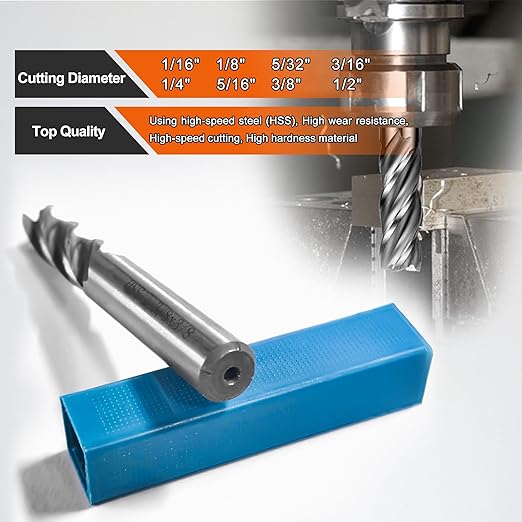 ASNOMY 8pcs 4-Flute Straight End Mill Set,1/8"-1/2" Inch CNC Milling Cutter Drill Bits Router Bits Cutter Tool Set for Wood Aluminum Cast Iron Copper Plastic