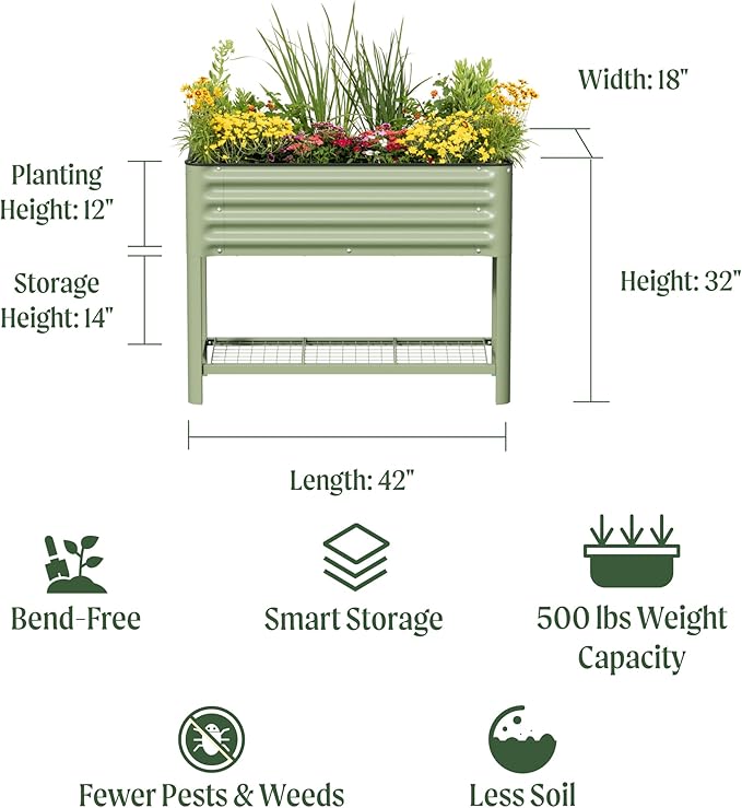 Elevated Raised Garden Bed- Slim Series, 1.5' x 3.5' Outdoor Planters Boxes with Legs & Storage Rack for Patio, 500 Lbs Weight Capacity, Raised Beds for Gardening Herbs Vegetables Flowers, Modern Gray