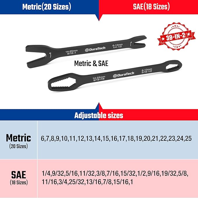DURATECH Universal Wrench Set, Multi-functional Wrench Set, SAE & Metric, 1/4”-1”& 6-25mm, 38 sizes in 2 Piece, for Home and Car Repair