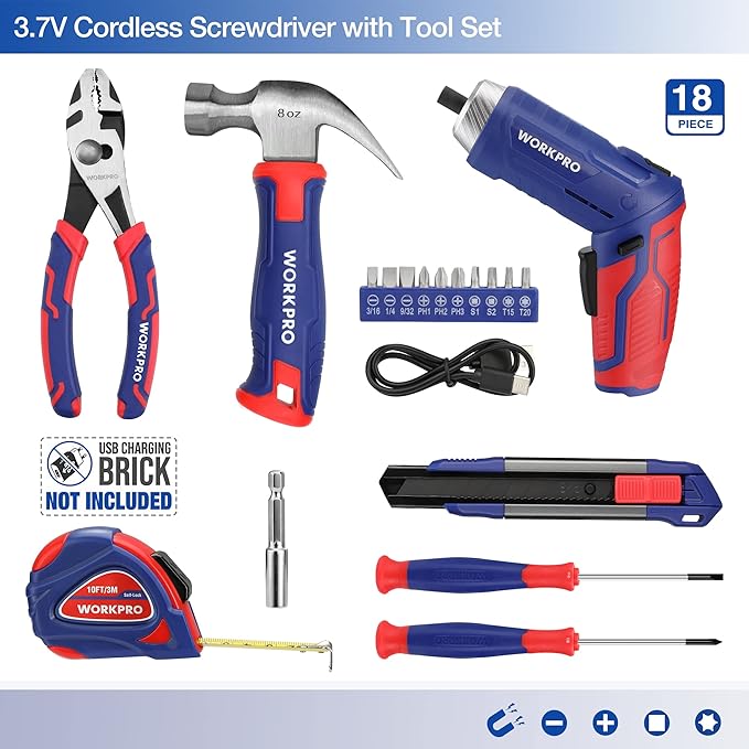 WORKPRO Home Tool Kit with 3.7V Rotatable Electric Screwdriver, 18PCS General Household Tool Kit with Toolbox, Rechargeable Electric Screwdriver Kit, Basic Portable Tool Set for Dorm, Garage, DIY