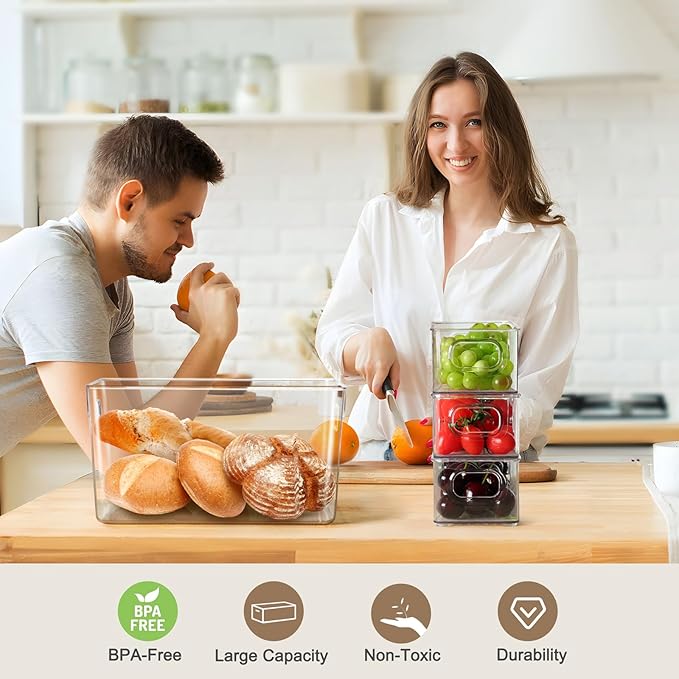 Clear Storage Bins 8 Pack for Fridge,4 Large Plastic Pantry Organizer Bins and 4 Small Stackable Storage Containers for Home Edit, Kitchen, Freezer, Bathroom, Under Bed, Vanity Drawers