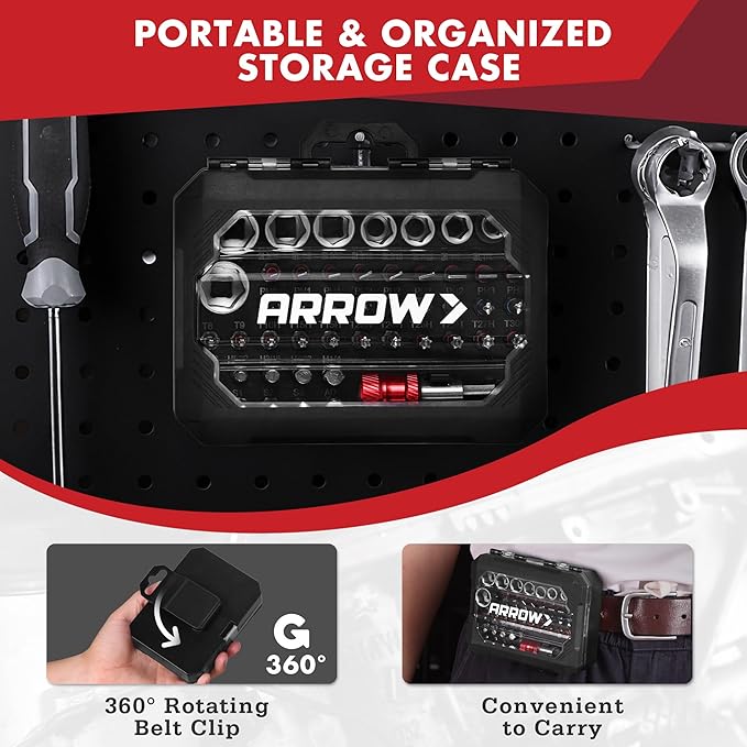 ARROW 48-Piece 1/4" Screwdriver Bit & Socket Set, Color-Coded S2 Steel Drill Bits with Magnetic Bit Holder, 6–13mm CR-V Sockets, Compatible with Power Drill, Screwdriver & Mini Ratchet Wrench