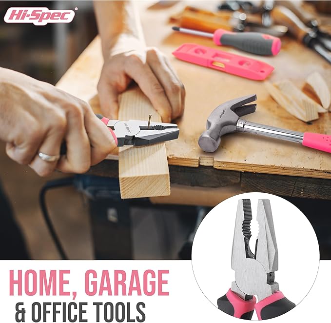 Hi-Spec Tool Kit, General Household Hand Tool Set with Toolbox Storage Case, All-in-One Compact Toolkit for DIY & Dorm Use, Pink