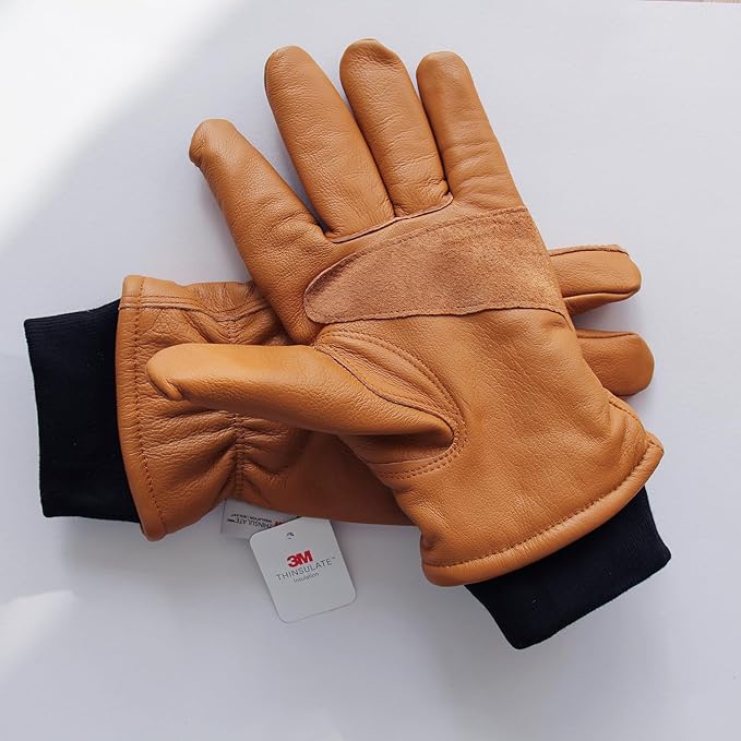 Retro Brown Cowhide Leather Work Gloves for Construction, Yardwork, Gardening with Reinforced Palm for Men & Women
