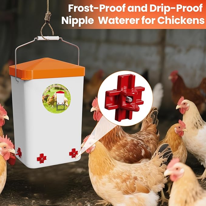 Nexum 3 Gallon Heated Chicken Waterer, Thermostatically Controlled Anti-Freeze Poultry Drinker with 4 Nipples & Adjustable Stand for Winter Coop Accessories (Orange)