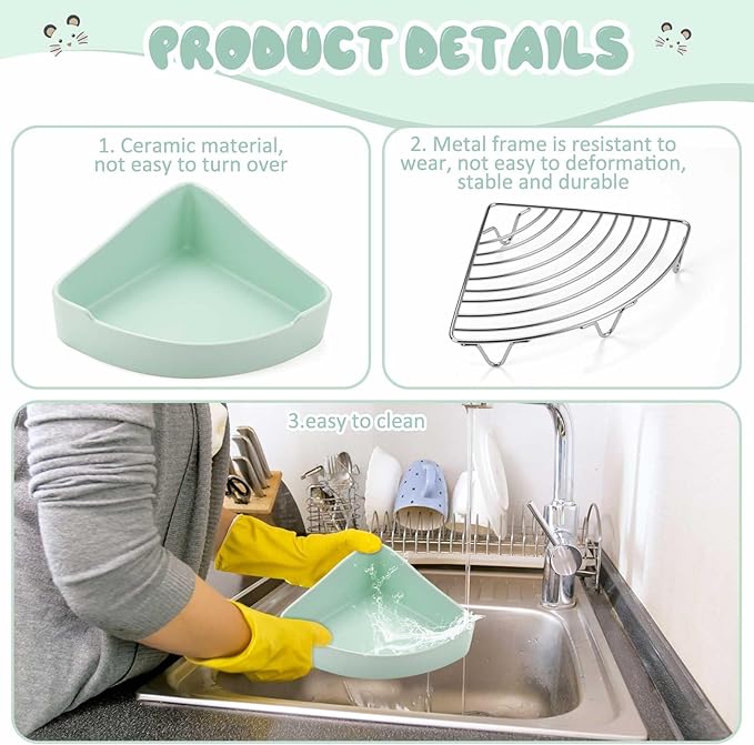 Eccliy Ceramic Corner Litter Box for Small Pets, Tip-Proof, Chew-Resistant, Triangle Potty Trainer Pet Pan for Ferret, Guinea Pig, Rat, Bunny, Chinchilla, Hedgehog, Sugar Glider, Hamster(Cyan)