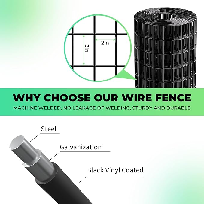 Garden Fence Black PVC Coated Welded Wire Fencing 48 Inch x 50 Foot, 2 Inch x 3 Inch 16GA, Garden Border Fencing Roll Vinyl Coating Metal Wire Mesh for Yard Vegetable Plant Protection Poultry Netting