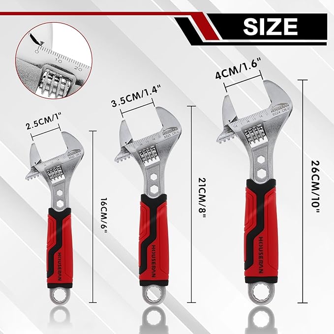 3-piece Adjustable Wrench Set, 6, 8, 10 Inch, Wide Jaw Adjustable Wrench Set with Metric & SAE Scales, Cr-V Steel Wrenchs with Tool Box