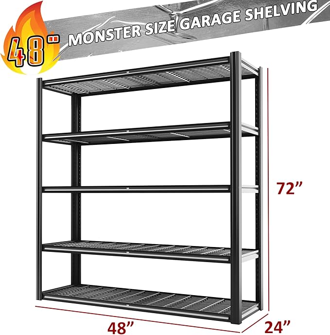 48" W x 72" H x 24" D Garage Shelving Heavy Duty,5 Tier Adjustable Metal Shelves Storage Rack,3030 LBS Large Industrial Shelving Unit for Basement,Warehouse,Garage Organization