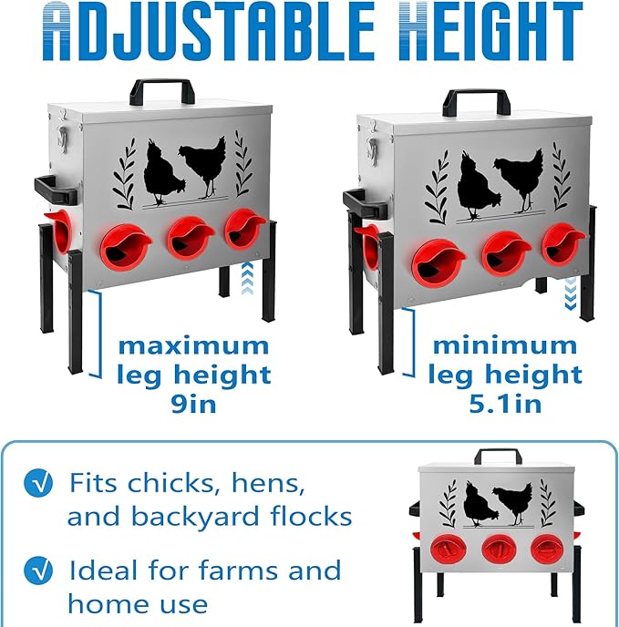 Chicken Feeders, 50 lb Capacity 8 Port Automatic Chicken Feeder, Metal Chick Feeders with Locking Lid and Legs, Chicken Feeder for Chickens, Ducks, Geese，Silver