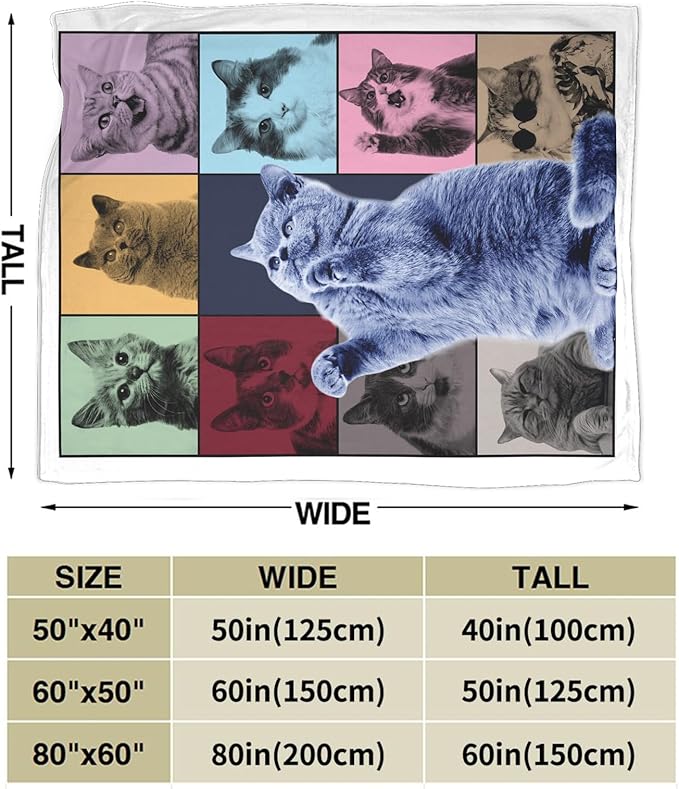 Cat Blanket Decor Gifts for Cat Lover Flannel Fleece Fuzzy Cat Throw Blanket Soft Warm Cozy Plush Colorful Animal Blanket for Bed Couch Living Room Stuffed Decoration for Kids Adult 60"x50"