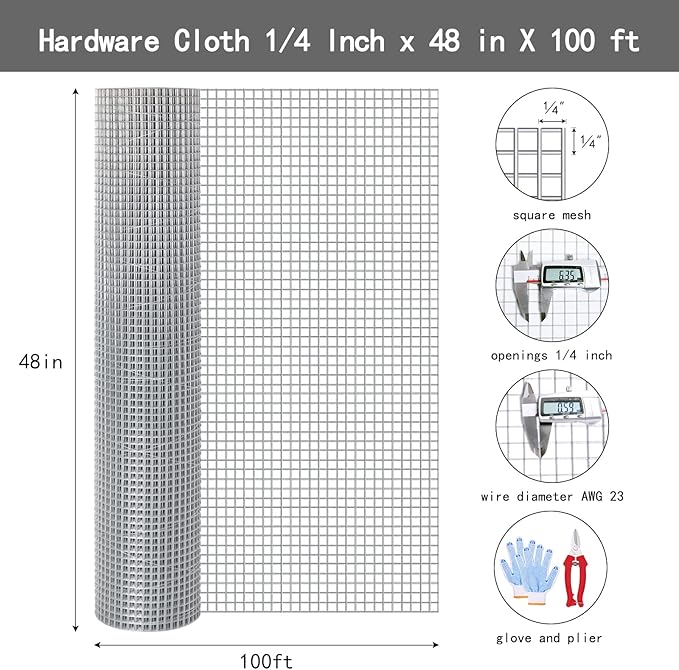Thinkahead Hardware Cloth 1/4 Inch 48 X 100 ft 23 Gauge, Chicken Coop Wire Fencing, Hot Dipped Galvanized Wire Mesh, Hardware Cloth for Chicken Coop, Rabbit Cages, Garden, Small Rodents Screen Fence