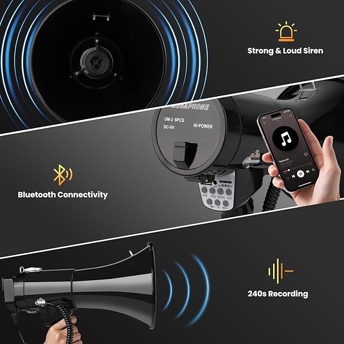 50W Bluetooth Megaphone Bullhorn with Rechargeable Battery-Professional Mega Phone with Siren&240s Recording Supports USB/TF/3.5mm Aux Input-1600 Feet Range for Sports Emergency Outdoor Activities