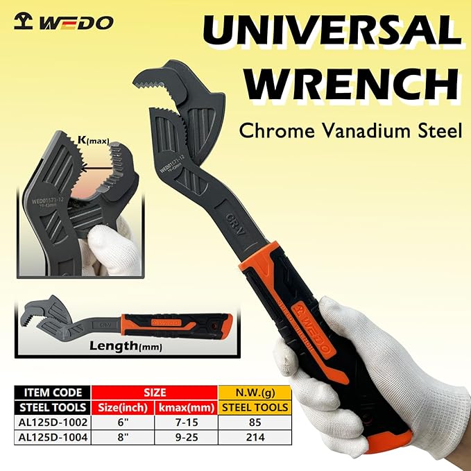 WEDO 2-Piece Multi-function Wrench Set,Size 6"+ 8",Universal Adjustable Wrench,CR-V Steel,Anti slip rubber handle,Spring Loaded wrench,Crowfoot Spanner,Self-adjusting Pipe Wrench