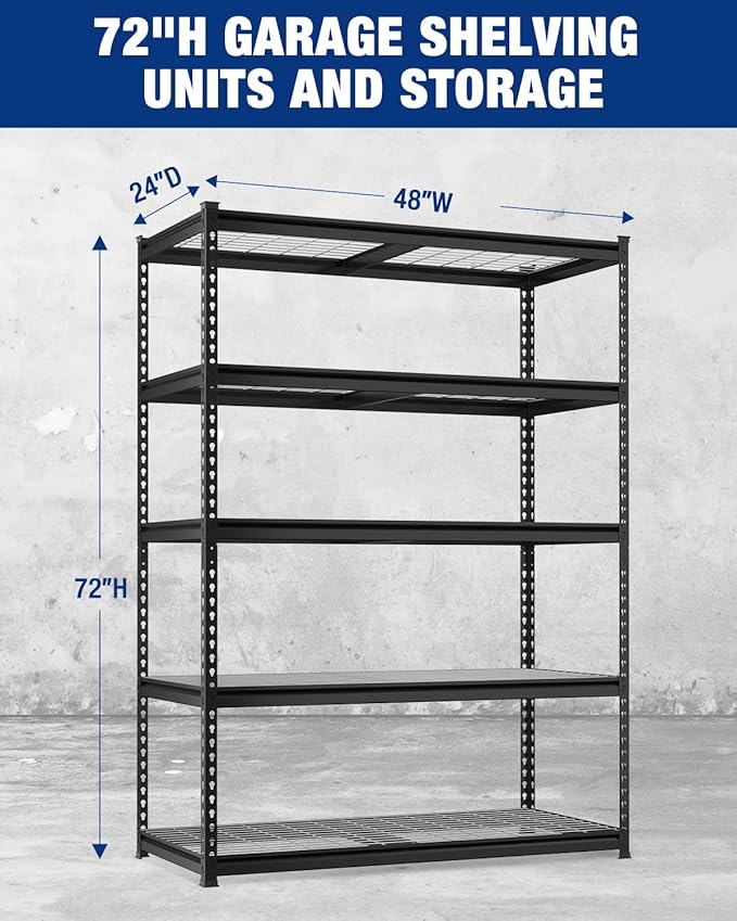 WORKPRO 5-Tier Heavy Duty Metal Shelving Unit, 72”H x 48”W x 24”D, Adjustable Storage Rack with 4000 lbs Capacity, for Garage, Basement, Workshop, Warehouse