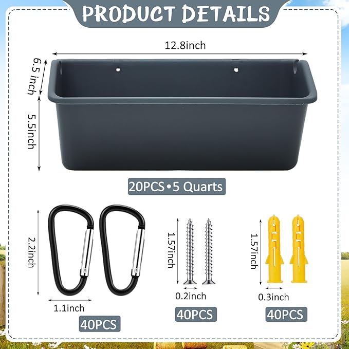 Wenqik 20 Pack 5 Quart Hanging Chicken Feeders Trough Goat Feeder Duck Water with Metal Clips Chicken Waterer Bucket Container for Fence Turkeys Horse Pig Deer Goose Livestock Poultry Supplies