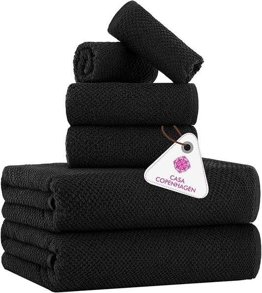 CASA COPENHAGEN Popcorn Textured 6 Piece Towel Set- Black, 550 GSM 2 Bath Towel 2 Hand Towel 2 Washcloth, Rough & Tough Use Cotton Towels Gift Set for Bathroom