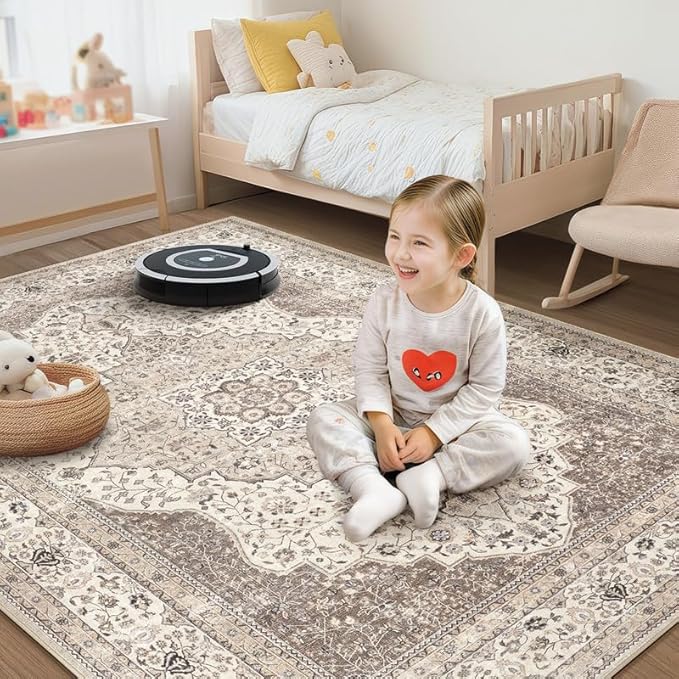 Washable Rug 6x9 Area Rugs for Living Room Bedroom Dining Room Home Office Floor Decor -Stain & Fade Resistant Non Slip Backing Carpet,Ultra-Thin Vintage Large Carpets (Brown/Beige,6'x9')