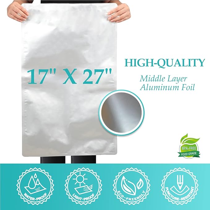 15PCS 5 Gallon Mylar Bags with 2500CC Oxygen Absorbers & Labels, 10.5 Mil Thick 17"x 27" Vacuum Sealer Bags Heat Sealable Bag for Long Term Food Storage