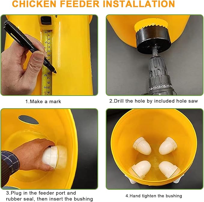 Chicken Feeder Port No Waste, Automatic Chicken Feeder Cups for Rain Proof Poultry Feeder Gravity Feed, DIY Fit for Buckets, Barrels, Bins (4 Ports,1 Hole Saw)