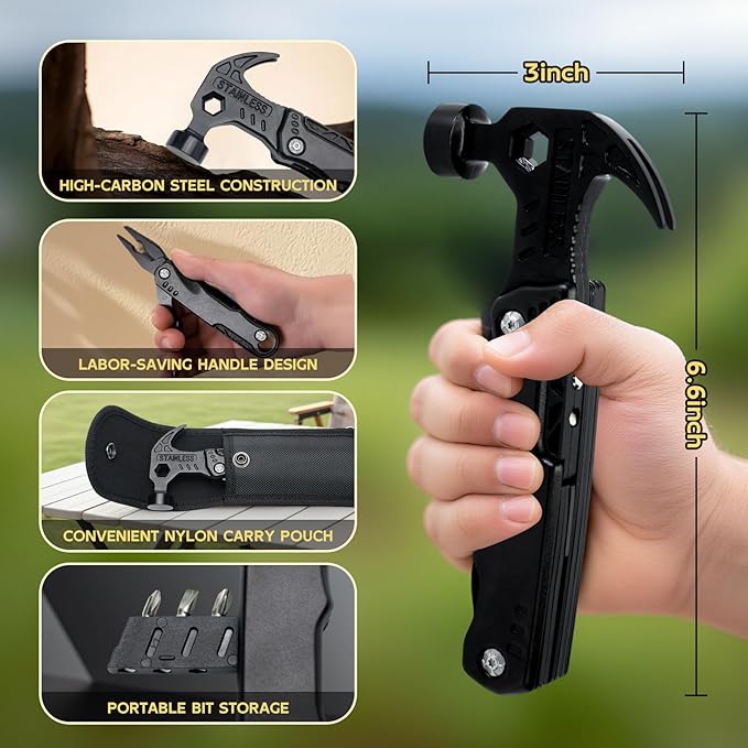 Multi-Functional Safety Hammer Multitool – 15-in-1 Heavy Duty Emergency Tool Kit – Camping, Hiking, Fishing, Car Rescue Gear – Christmas Gifts, Father's Day and Birthday Gift for Dad