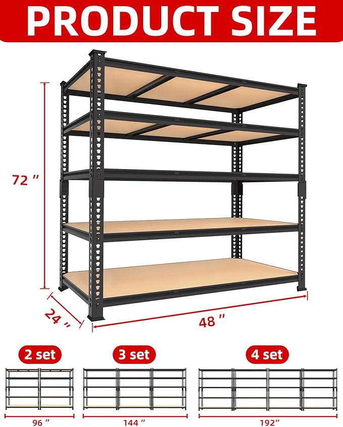 PrimeZone Heavy Duty Garage Storage Shelves - 48" W X 24" D X 72" H Adjustable Metal Shelving Unit, 5 Tier Industrial Shelves for Storage Standing Utility Rack for Warehouse, Basement, Black, 4 Pack