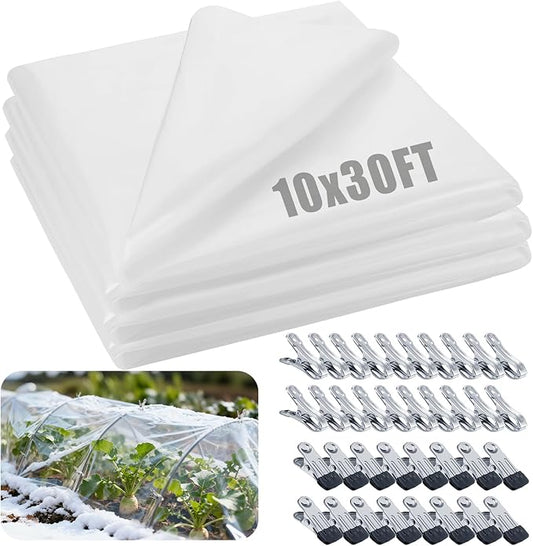 Alphatool 10 x 30ft Plant Covers Freeze Protection with 36 Clips - Greenhouse Plastic Sheeting, Frost Cloth Row Cover for Outdoor Garden Plants Winter Vegetables Crops