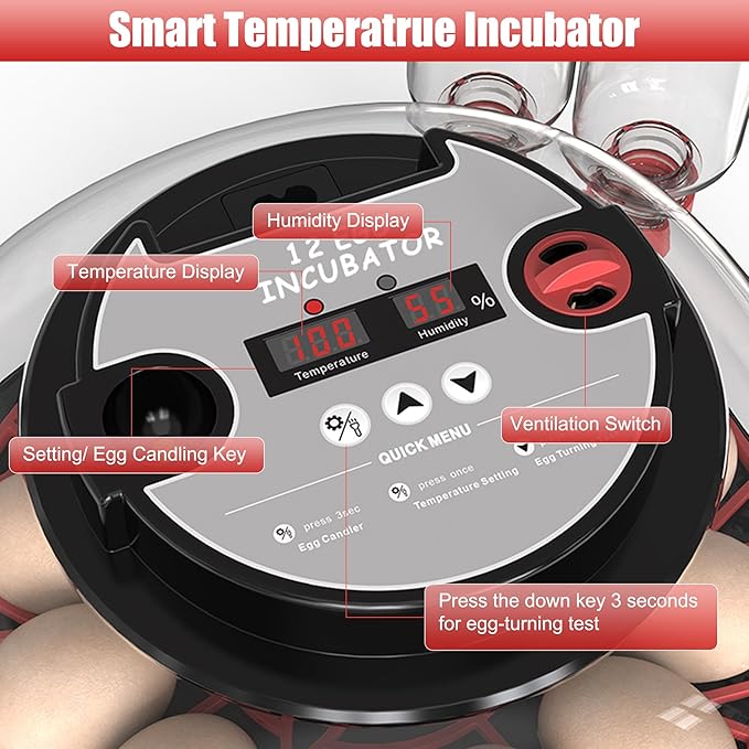 12 Egg Incubator with Temperature Control, Humidity Display, Automatic Egg Turner and Candler, Automatic Water Bottle Refill, for Hatching Chickens/Ducks/Gooses/Quail