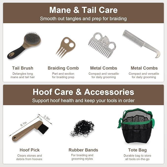 Swess Horse Grooming Kit 14 Piece, Horse Brushes Set for Grooming & Bathing Supplies, Professional Horse Supplies with Mane & Tail Comb, Curry Comb, Hoof Pick, Gloves & Mesh Tote Bag for Equine Care