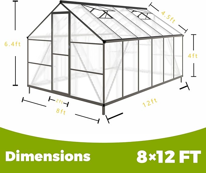 8x12 FT Greenhouses for Outdoors, Polycarbonate Greenhouse with PC Panels, Greenhouses for Outdoors for Yard, Garden, Hobby, Dark Grey