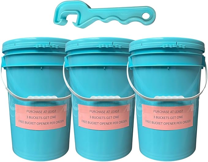 6 Gallon Plastic Bucket Pail Food Grade with Lid (Pack of 3) (Blue)+ Free Bucket Opener Tool