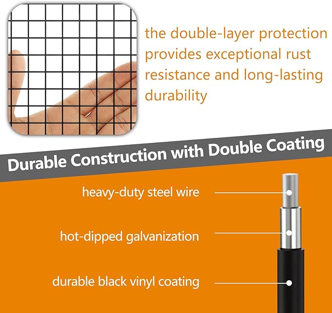 19 Gauge Black Hardware Cloth1/2 Inch -Vinyl Coated Welded Wire Mesh Roll- Duty Rust Proof Fencing for Gardens, Poultry Animal Netting Cage Screen (Black 1/2 16inx50Ft)