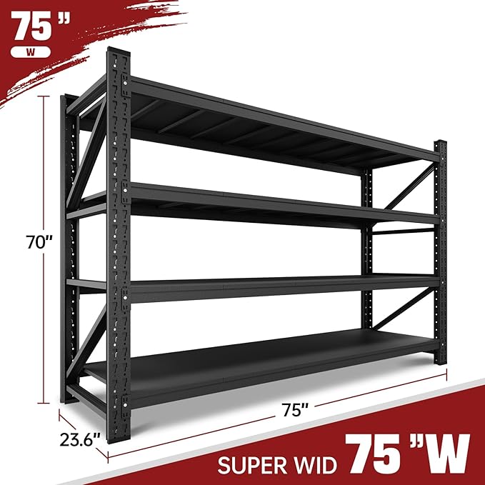 9000LBS Storage Shelves, 75" W Garage Shelving Heavy Duty Metal Adjustable Garage Shelves, Shelving Units Industrial Shelving for Warehouse, 75" W x 24" D x 70" H, Black