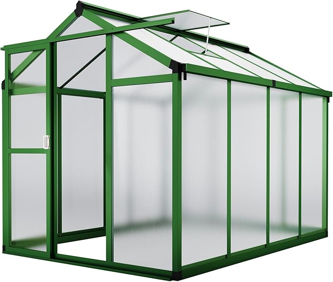 6x8 ft Greenhouse, Large Aluminum Greenhouses for Outdoors, Heavy Duty Polycarbonate Greenhouse with Roof Vent, Walk-in Green Houses for Winter Garden, Backyard, Patio, Lawn, Easy Assembly