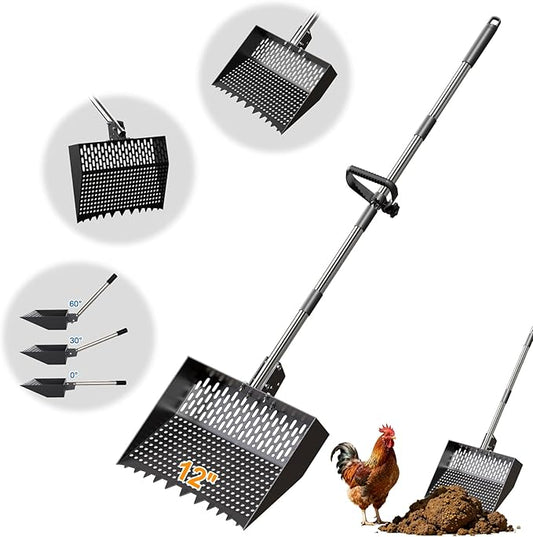 12-Inch 2-in-1 Chicken Poop Scooper & Rake, Chicken Coop Scoop with Adjustable Stainless Steel Handle （24–64"）, 3 Angles & 2 Sifting Holes, Litter Scoop Sand Sifting Shovel Pooper Scooper (Black)