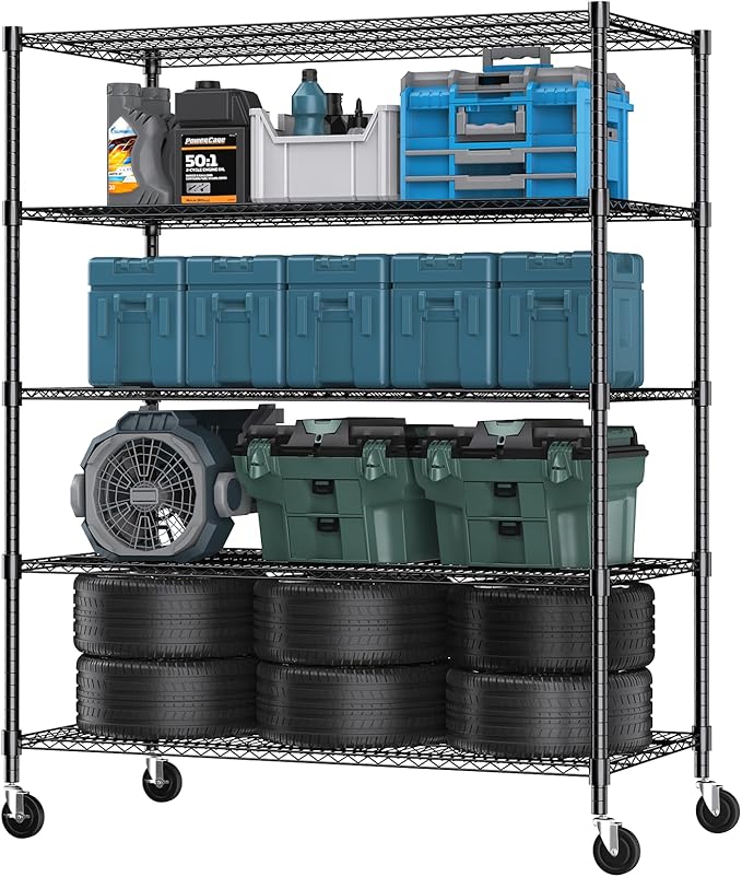 Himimi 5 Tier Wire Shelving with Wheels Heavy Duty Height Adjustable Metal Shelves for Storage, Commercial Grade Steel Utility Wire Rack for Kitchen Garage Pantry Organization-24×48×82, Black